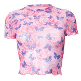 Short sleeve butterfly print sheer mesh crewneck ruffle top
