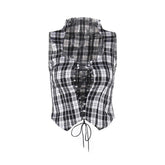 Plaid sleeveless lace up corset top
