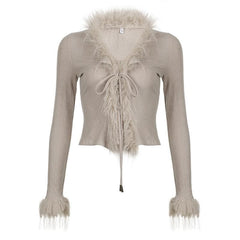 Long sleeve v neck furry ribbed self tie solid top