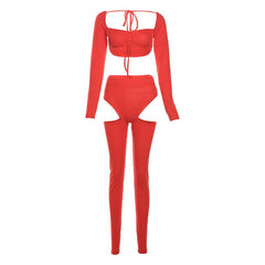 Long sleeve square neck ribbed hollow out pant set