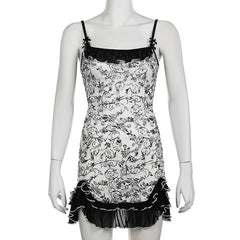 Mesh ruched ruffle bowknot print cami mini dress