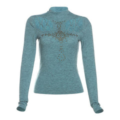 High neck long sleeve beaded cross pattern hollow out top