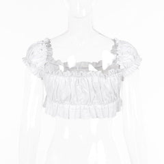 Short puff sleeve ruched ruffle bowknot crop top