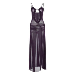 Sheer mesh hollow out ruched high slit cami cut out maxi dress | samba dress