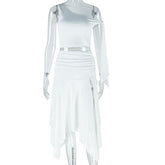 One shoulder knitted ruched slit midi skirt set