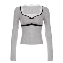 Long sleeve lace hem bowknot top
