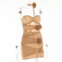 Sheer mesh hollow out flower applique zip-up solid tube mini dress | samba dress