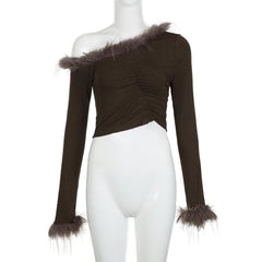 Feather irregular long sleeve ruched off shoulder crop top
