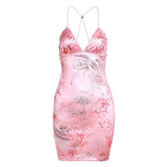 V neck butterfly embroidery backless print cross back cami mini dress | black rave dress