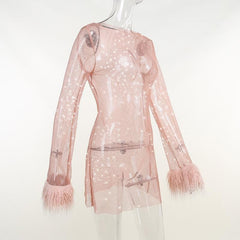 Long sleeve solid see through sheer mesh fluffy round neck mini dress | samba dress