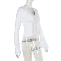Long sleeve v neck lace hem button top