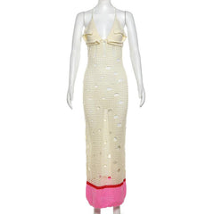 V neck knitted hollow out lace up maxi dress