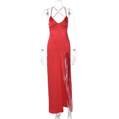 Slit cross back satin backless solid v neck maxi dress | red tango dress | black rave dress