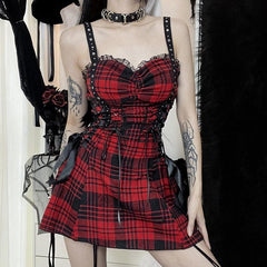 Backless ruched lace hem plaid lace up zip-up mini dress | red tango dress