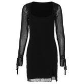 Long sleeve slit mesh square neck mini dress