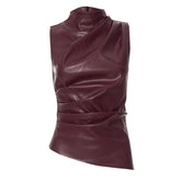 High neck zip-up PU leather irregular ruched top