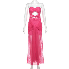Mesh ruched hollow out see through tube cut out maxi dress | red tango dress