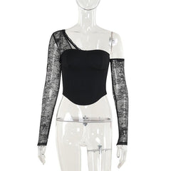 One shoulder long sleeve patchwork lace top