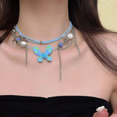 Butterfly beaded layered choker necklace
