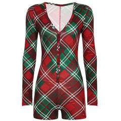 V neck long sleeve plaid button romper