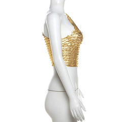 One shoulder irregular metallic textured crop top