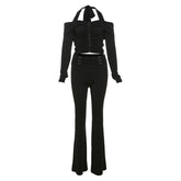 Halter long sleeve off shoulder button ruched pant set