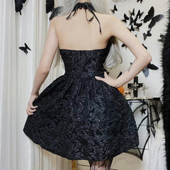 Textured cross applique ruffle halter zip-up lace up mini dress | black rave dress