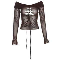 Long sleeve off shoulder lace up hollow out sheer mesh top