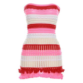 Backless ruffle contrast striped crochet tube dress | red tango dress