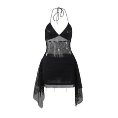 Halter ruffle see through pin applique fishnet mini dress