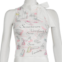 Sleeveless bowknot print crop top