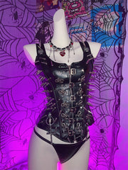 PU leather rivet buckle lace up cami top