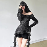 Hoodie off shoulder long sleeve ruffle top