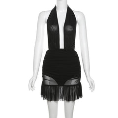 Halter ruched mesh ruffle backless mini dress