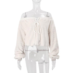Off shoulder long sleeve fluffy self tie top