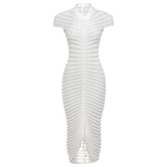 Knitted solid short sleeve crewneck see through maxi dress | red tango dress