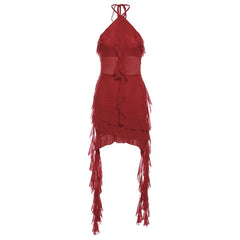 Halter sheer mesh ruffle backless mini dress | red tango dress | samba dress