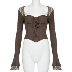 Long flared sleeve drawstring ruched lace top