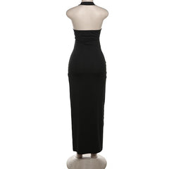 Halter butterfly metal tag hollow out maxi dress