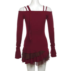 Metal chain button ruffle contrast off shoulder long sleeve mini dress | red tango dress