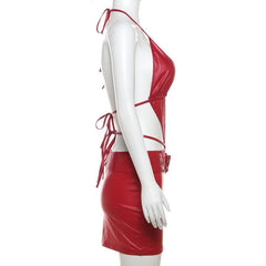 Halter buckle deep PU leather v neck backless mini dress | red tango dress
