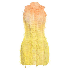 Crewneck hollow out see through gradient tassels mini dress