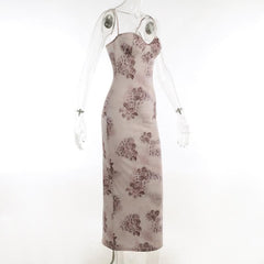 Flower print contrast sweetheart neck backless cami midi dress