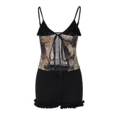 V neck lace hem print self tie cami pant set
