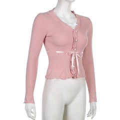 Knitted ruffle long sleeve button lace hem contrast top