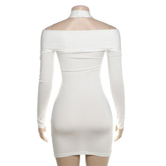 Long sleeve halter hollow out solid mini dress