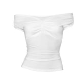 Off shoulder ruched v neck solid top
