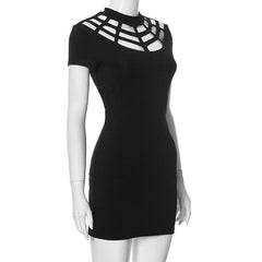 Spider web pattern short sleeve hollow out mini dress