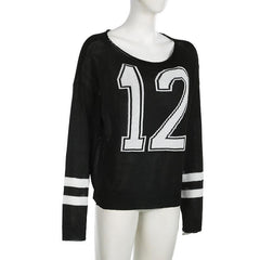 Long sleeve off shoulder "12" print knitted top