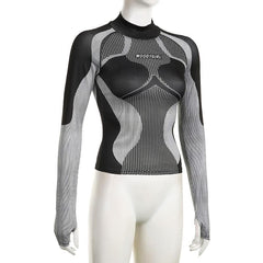 High neck long sleeve contrast print gloves top